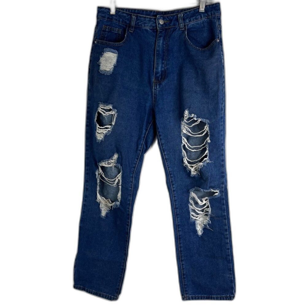 SHEIN Denim Blue Jeans Baggy‎ Ripped High Rise Boyfriend Style Size Large